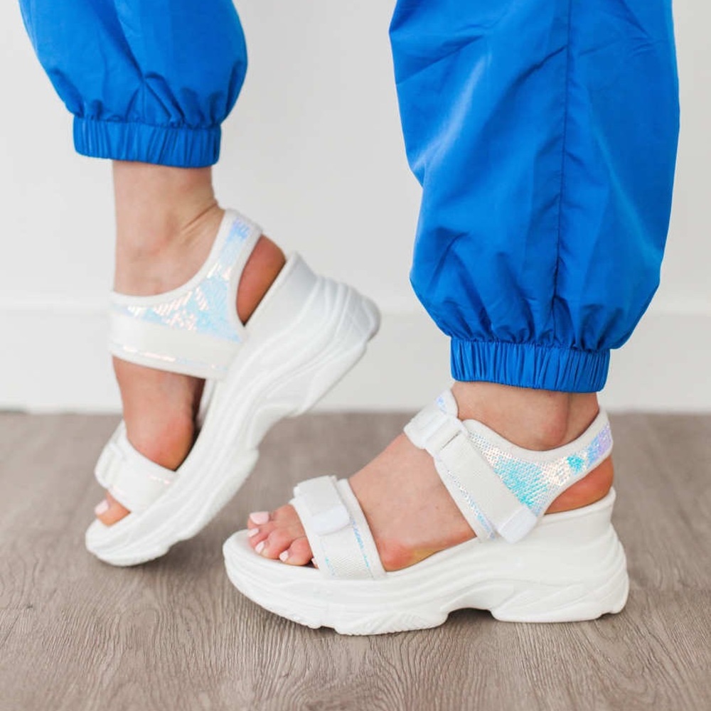 White holographic platform sandal
